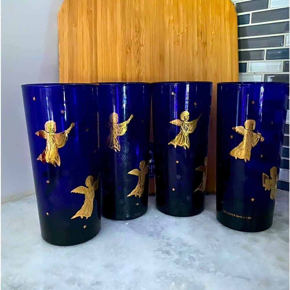Culver 22k Gold Cobalt Blue Drink Glass  6 1/2" Angels Christmas Vintage